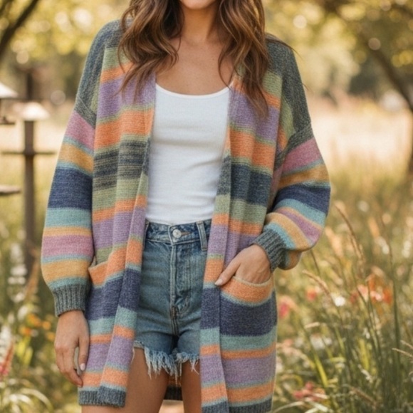 Anthropologie Oliver. O Mohair Blend Colorful Pastel Striped Cardigan Sweater - Picture 1 of 8